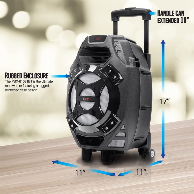 QFX PBX-61081 Rechargeable Portable Speaker | 8" Woofer | 400 Watts | Bluetooth, AUX, SD Card, FM Radio | Handle, Wheels, 12 Lbs | Perfect for Tailgating, Indoors, Outdoors Audio | Silver - Image 2